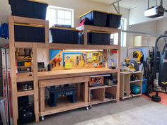 the workbench is full of tools and other things to do in it's storage area