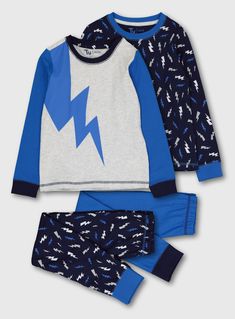 Our fabulous snuggle fit pyjamas are so soft and comfortable they won't want to take them off. With a navy pair, and a blue and grey pair both featuring a trendy lightning bolt print to choose from, they can mix and match or wear together for coordinated chaos before bedtime. See our full range of cosy slippers and dressing gowns to finish.    1 x Navy lightning bolt pyjamas 1 x Blue & grey lightning bolt pyjamas  Snuggle fit  Pure cotton  Keep away from fire  Material 100% Cotton Care Machine w Grey Lightning, Blue Lightning Bolt, Boys Nightwear, Blue Lightning, Dressing Gowns, Blue And Grey, Boy Blue, Kids Pajamas