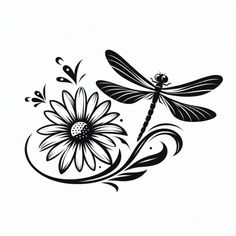 a black and white drawing of a flower with a dragonfly sitting on top of it