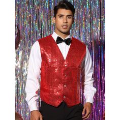 The simple and eye-catching V-neck design of this vest creates a fashionable appearance. Glittery tank tops are the go-to choice for those who want to be confident yet stylish. A sequin vest is a must-have party piece that will make you stand out and be the center of attention. Suitable for dinner parties, parties, clubs, shows, banquets, weddings, graduations, proms, festivals. Red Fitted Tank Top For Party, Sleeveless Tops For Costume Party, Red Party Vest Top, Red Sleeveless Tops For Party Season, Fitted Halloween Party Vest, Fitted Vest For Halloween Party, Red Sleeveless Party Vest, Fitted V-neck Tank Top For Party Season, Red Fitted Party Vest