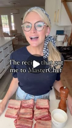 a woman standing in front of a counter with some food on it and the caption reads, the recipe that got me to master chef