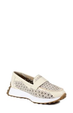 Woven panels on the sides and vamp add eye-catching textural appeal to this loafer-inspired sneaker. Cushioned footbed Leather upper/synthetic lining/rubber sole Imported Koi Pond, Koi, Womens Sneakers, Rubber Sole, Leather Upper, Loafers, Nordstrom, Off White, Cream