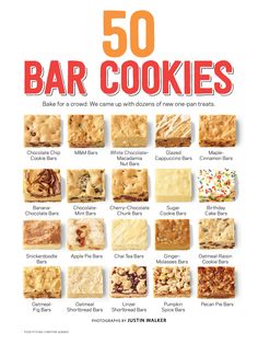 the book cover for 50 bar cookies, with pictures of different bars and toppings