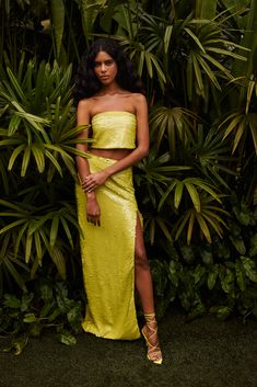 Green Goddess ✨ Embrace high slits and sparkling sequins for your next black tie affair with the Jupiter Top and Skirt #cinqasept Formal Skirt And Top, Lime Color, Skirt Coverup, Black Tie Affair, Formal Skirt, Short Denim Skirt, Full Length Skirts, Evening Tops, Denim Outerwear