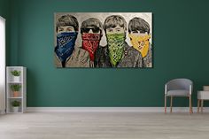 three boys with bandanas on their heads are standing in front of a green wall