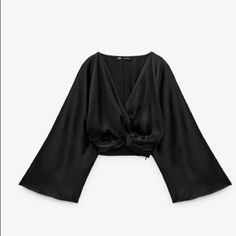 Nwt. Zara Black Knotted Satin Effect Crop Top With V-Neckline, Long Sleeves, Side Zipper Closure. Size S. Ref. 9221/845. Pit To Pit 18" Flat, Sleeves 26" From Neckline, Length 16". 1005 Black V-neck Top For Night Out, Black V-neck Blouse For Spring, Casual V-neck Blouse For Evening, Black V-neck Top For Spring, Stretch V-neck Evening Blouse, Chic Black Long Sleeve V-neck Top, Zara Black V-neck Top, Zara V-neck Party Blouse, Elegant Cropped Black Top