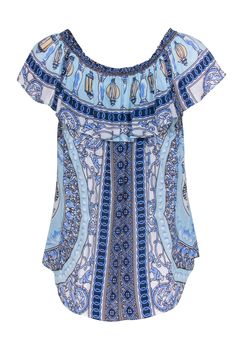 Immerse yourself in the beauty of vibrant patterns with this Hale Bob top, featuring cute flutter sleeves, a button-down front, and a flattering scoop hem. For a modern and chic daytime look, pair this striking top with white high-waisted denim shorts and espadrille wedges. Size M Shell 100% Viscose Unlined Multi-print Faux front button-down design Flutter sleeves Bust 33” Waist 35” Shoulder to hem 27.5” Blue Floral Print Blouse With Flutter Sleeve, Blue Flutter Sleeve Blouse For Vacation, Blue Flutter Sleeve Blouse For The Beach, Patterned Ruffle Tops For Vacation, Patterned Ruffled Tops For Vacation, Summer Blue Peasant Top With Ruffles, Blue Ruffled Peasant Top For Summer, Blue Peasant Top With Ruffles For Summer, Bohemian Printed Top With Flutter Sleeves