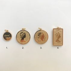 Welcome to my shop~ 1. Good Luck charm: 10mm dia. 2. Face charm: 16mm dia. 3. Face charm: 16mm dia. 4. Face charm: 11mm w x 19mm h Gold Medallion Charms With Coin Pendant, Gift Coin Pendant Charm, Gold Coin Pendant Charms, Personalized Gold Medallion Charms, Coin Pendant Charms For Gifts, Coin Pendant Charms As Gift, Coin Pendant Round Charms For Gift, Round Coin Pendant Charms As Gifts, Gold Charm Necklace With Medallion