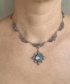 Sky Blue Topaz Silver Choker Victorian Necklace, 925 Sterling Genuine Gemstone Artisan Handcrafted Ornate Filigree Floral Jewelry - Etsy Elegant Aquamarine Round Pendant Jewelry, Traditional Silver Jewelry With Gemstone Accents, Formal Silver Crystal Necklace In Sterling Silver, Formal Silver Sterling Silver Crystal Necklace, Formal Aquamarine Pendant Jewelry, Traditional Necklace With Gemstone Accents For Gift, Victorian Wedding Jewelry With Gemstone Accents, Handmade Aquamarine Round Jewelry, Formal Turquoise Engraved Jewelry