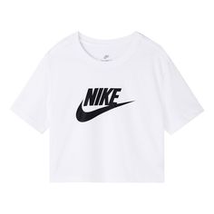 (WMNS) Nike Sportswear Essential Short Casual Crew Neck Short Sleeve T-Shirt White BV6176-100 (Women's/Round Neck) Sporty Workout T-shirt, Sporty White Cropped T-shirt With Logo Print, Short Sleeve Cropped T-shirt With Graphic Print For Sports, Nike Cropped Short Sleeve T-shirt For Sports, White Workout T-shirt With Logo Print, White Athleisure T-shirt For Sports Season, White Athleisure T-shirt With Logo Print, Basic White Sports T-shirt, Sporty Moisture-wicking Cropped T-shirt With Crew Neck