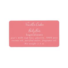 a pink business card with the words, world cake bake ingredients