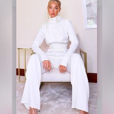 White Formal Long Sleeve Jumpsuits, From Pretty Little Thing. Size Small, Tags Still On. Perfect For Anyone Getting Married Who Needs An Outfit For Bridal Festivities! White Long Sleeve Pantsuit For Party, White Stretch Wide Leg Jumpsuit, White Stretch Wide Leg Jumpsuits And Rompers, White Stretch Wide-leg Jumpsuit, Elegant Stretch White Pantsuit, Elegant White Stretch Pantsuit, Chic White High Waist Bodysuit, Chic High Waist White Bodysuit, White Long Sleeve Jumpsuits For Night Out