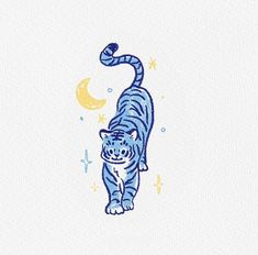 a drawing of a tiger walking across a white surface with stars and moon in the background