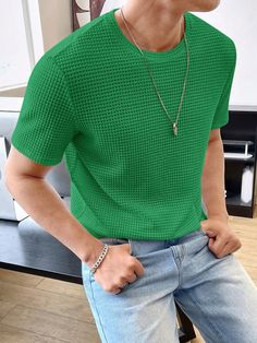 Solid Color Waffle Knit Round Neck Short Sleeve T-Shirt Green Casual  Short Sleeve Knitted Fabric Plain  Slight Stretch  Men Clothing, size features are:Bust: ,Length: ,Sleeve Length: Tee Shirt Homme, Men Clothing, Waffle Knit, All Fashion, Waffles, Knitted Fabric, Casual Shorts, Length Sleeve, Round Neck