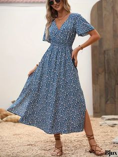 Bjux - Chic Womens Ditsy Floral Print Split Dress: Elegant V-Neck Short Sleeve Summer Dress for Stylish Vacations Casual V-neck Maxi Dress With Ditsy Floral Print, Printed Non-stretch V-neck Maxi Dress, Non-stretch V-neck Printed Midi Dress, Non-stretch Printed Midi Dress With V-neck, Blue V-neck Midi Dress With Ditsy Floral Print, Casual V-neck Dress With Ditsy Floral Print, Flowy V-neck Midi Dress With Ditsy Floral Print, Non-stretch Ditsy Floral Print Dresses For Vacation, V-neck Ditsy Floral Midi Dress For Beach