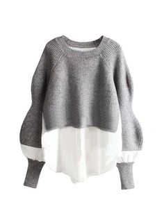 New Loose Pullover Sweater Women, Autumn Winter 2 In 1 Mid-Length Knitted Tops Grey Casual  Long Sleeve Fabric Colorblock,Plain Pullovers Slight Stretch  Women Clothing, size features are:Bust: ,Length: ,Sleeve Length: Korean Clothing Style, Formal Sweater, Lazy Sweater, Y2k Sweater, Knitted Clothes, Oversize Sweater, Pullover Mode, Winter Pullover, Korean Clothing