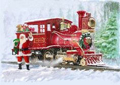 a santa clause standing next to a red train with gifts on it's side