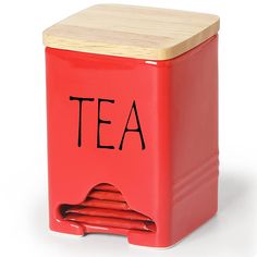 a red tea canister with the word tea on it