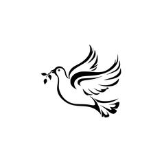 a black and white dove bird with an olive branch in it's beak tattoo design