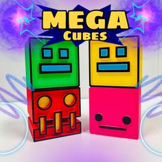 two colorful cubes with faces on them and the words mega cubes written below