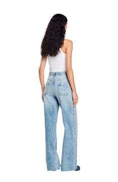 High-waisted denim jeans with wide legs and front patch pockets in a contrasting wash. Sandro Women's high-waisted jeans Wide legs Patch pockets on front and back Contrast front pockets Belt loops Zipped front fastening The model is 5'9 tall and wears a size 4 Medium Wash Wide Leg Jeans With Patch Pockets, High Rise Denim Flare Jeans With Patch Pockets, High Waist Flare Jeans With Five Pockets, Wide Leg Rigid Denim Cargo Jeans, Wide-leg Denim Flare Jeans With Patch Pockets, Medium Wash Wide Leg Flare Jeans With Pockets, High-waisted Medium Wash Cropped Jeans With Five Pockets, High Rise Flare Jeans With Patch Pockets, High Waist Denim Flare Jeans With Patch Pockets