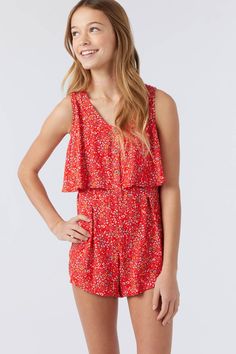 O'Neill Girl's woven romper 2.5" inseam Front button up Elastic waist and bodice tier 100% Viscose Spring Suit, Teenager Outfits, Suit Accessories, Woven Dress, Floral Romper, Girls Rompers, Swim Dress, Red Hot, Summer Wear