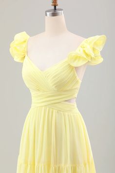 Simple Lemon Yellow A Line Pleated Ruffled Wedding Guest Dress Party Guest Dress, Lovely Partner, Dress With Ruffles, Dress Occasion, Pleated Chiffon, Free Dresses, Floor Length Dresses, Party Guests, Lemon Yellow