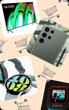 several different items are shown in this collage, including cell phones and shopping carts