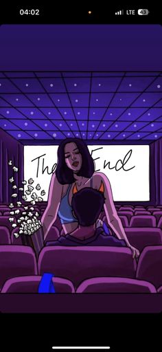 an animated image of a woman sitting in the middle of a movie theater with flowers on her lap