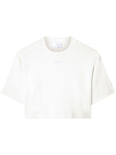 white stretch-cotton fine ribbed embroidered logo to the front crew neck short sleeves cropped straight hem Sporty White Cropped T-shirt For Spring, White Cropped Streetwear Shirt, White Cropped Shirt For Streetwear, White Sporty Cropped T-shirt For Spring, White Cropped T-shirt For Streetwear, White Basic Cropped T-shirt, Basic White Cropped Shirt, Crew Neck Cropped Cotton T-shirt With Embroidered Logo, Cotton Cropped T-shirt With Embroidered Logo, Crew Neck