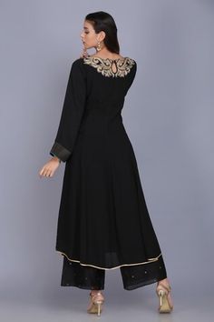 Black long kurta featuring zari applique work on the neckline. Paired with a palazzo and a dupatta. - Aza Fashions Festive Anarkali Dupatta With Embroidered Neckline, Festive Dupatta With Embroidered Neckline For Eid, Eid Festive Dupatta With Embroidered Neckline, Anarkali Set With Embroidered Neckline, Elegant Embroidered Salwar Kameez, Festive Wedding Dupatta With Embroidered Neckline, Festive Embroidered Neckline Wedding Dupatta, Elegant Designer Salwar Kameez With Embroidered Neckline, Festive Designer Anarkali Set With Embroidered Neckline