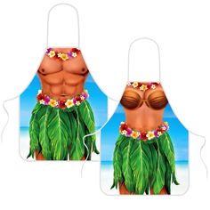 two aprons with an image of a woman in a hula skirt on the beach