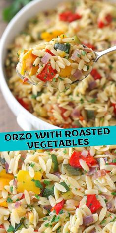 a bowl full of orzo with roasted veggies and a spoon in it