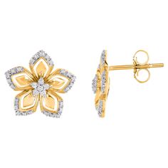 Top of your favorite look with this stunning diamond floral design earrings. The earrings is crafted from 14-karat yellow gold and features 62 single cut white diamond set in prong setting, it shines brightly in H-I color I2 clarity. A high polish finish complete the brilliant sophistication of this head-turning earring. Floral Studs, Butterfly Earrings Stud, Design Earrings, Flower Tops, Earrings Stud, Art Deco Diamond, Diamond Set, Butterfly Earrings, Gold Floral