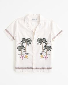 boys resort short-sleeve linen-blend shirt | boys new arrivals | Abercrombie.com Casual Short Sleeve Camp Shirt With Floral Embroidery, Embroidered Camp Shirt With Relaxed Fit, Casual Floral Embroidery Camp Shirt, Embroidered Short Sleeve Beach Shirt, Embroidered Short Sleeve Shirt For Beach, Summer Embroidered Button-up Camp Shirt, Embroidered Button-up Camp Shirt For Summer, Short Sleeve Floral Embroidery Camp Shirt For Summer, Floral Embroidery Short Sleeve Camp Shirt For Summer