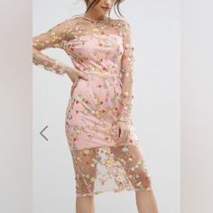 Pink Mini Dress With Sheer Floral Overlay. Long Sleeve. Midi Length. Floral Pattern Embroidered Throughout. New With Tags. Brand: Pretty Little Thing Size: 14 Sheer Embroidered Dress, Blush Cocktail Dress, Sheer Midi Dress, Egypt Cairo, Occasion Wear Dresses, Transparent Dress, Women Heels, Maxi Dress Prom, Pink Midi Dress