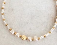 White beaded necklace pearl necklace boho necklace pearl | Etsy Dainty White Beaded Necklaces With Gemstone Beads, Gold Beads Necklace, White Beaded Necklace, White Beaded Necklaces, Beaded Necklace Diy, Gold Bead Necklace, Necklace Pearl, Necklace Beaded, Gold Necklace Layered