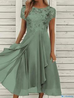 Orcajump - Chiffon Panel Round Neck Lace Hollow Long Dress - Bridesmaid Evening Dress Irregular Skirt, Dress Bridesmaid, Neck Lace, Types Of Skirts, Types Of Collars, Evening Dress, Long Dress, Types Of Sleeves, Round Neck