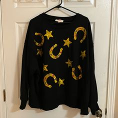 Nwot Black Os Sweatshirt With Star And Horseshoe Sequin Patch Designs . Size Large $50 Black Long Sleeve Sweatshirt With Star Print, Horse Shoe Design, Sequin Patch, Shoe Design, Horse Shoe, Patch Design, Designer Shoes, Sequin, Womens Tops