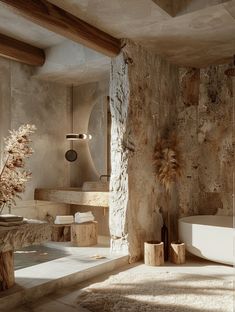 a bathroom with stone walls and flooring next to a bathtub in the corner