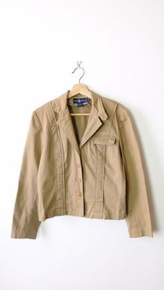 "Vintage Ralph Lauren Women's Khaki/Beige Cotton Jacket. Measurements Tagged size: Women's S  Length: 20 1/2\" Armpit to armpit: 18\" Shoulder to shoulder: 16\" Shoulder to end of sleeve: 21 1/2\" Condition: Gently used. There's few tiny brown spots on collar as shown in the last two pics.  ※Please read the policy before you purchase※" Vintage Khaki Spring Blazer, Womens Khakis, Lauren Brown, Vintage Ralph Lauren, Brown Spots, Brown Jacket, Ralph Lauren Womens, Cotton Jacket, Cute Tops