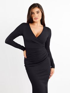 Built-in shapewear ruched long sleeve split midi dress create perfect curve. This long sleeve split midi dress suit any occasion, shop a long sleeve midi split dress now! Long Sleeve Stretch Bodycon Dress For Dinner, Solid Long Sleeve Ruched Bodycon Dress, Winter Long Sleeve Bodycon Dress For Dinner, Formal Long Sleeve V-neck Dress With Ruched Detail, Fitted Ruched Midi Dress, Winter Dinner Bodycon Dress With Long Sleeves, Long Sleeve Party Midi Dress, V-neck Bodycon Midi Dress For Dinner, Winter Ruched Bodycon Dress