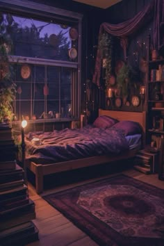 a room with a bed, bookshelf and window in it at night time