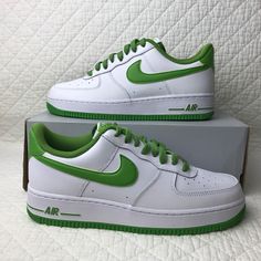 Brand new with box but no lid. Missing lid. Take a look at the pictures for details. Nike Air Force 1 '07 Low Shoes Men’s SZ 8.5 White/Chlorophyll Green DH7561-105 The Nike Air Force 1 Low “Chlorophyll” puts a fresh spin on the classic basketball shoe The sneaker features a white leather upper with pops of “Chlorophyll” green on the Swoosh, heeltab, laces and outsole A padded low-cut collar looks sleek and Air cushioning adds lightweight, all-day comfort Finishing off the shoe is a full-length rubber outsole with the Air Force 1’s classic pivot circle, and the star designs at the toe add heritage style, traction and durability