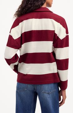 An elevated take on the classic rugby stripe, this weighty cotton-jersey top is perfectly oversized with an open johnny collar and easy dropped shoulders. Johnny collar Long sleeves 100% cotton Machine wash, tumble dry Imported Oversized Tops With Striped Collar For Fall, Oversized Horizontal Stripe Top For Fall, Fall Horizontal Stripe Relaxed Fit Tops, Striped Relaxed Fit Cotton Sweatshirt, Striped Cotton Sweatshirt With Relaxed Fit, Oversized Cotton Top With Contrast Stripes, Relaxed Fit Tops With Striped Collar For Fall, Relaxed Fit Top With Striped Collar For Fall, Oversized Long Sleeve Striped Top