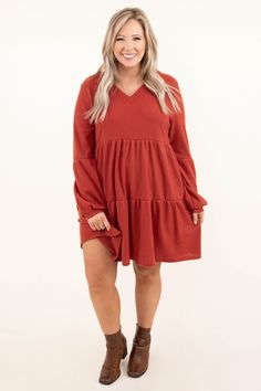 This dress will definitely win all your love! This dress has a solid brick color you can dress up or down for every occasion! It's comfortable for all-day wear, has a figure-flattering fit, and features a v-neck neckline! Style this dress with booties or heels for your next event! 80% Polyester, 15% Rayon, 5% Spandex Dress With Booties, Solid Brick, Brick Colors, Model Fits, Dress Details, The Details, Fall Outfits, Cold Shoulder Dress, Love This