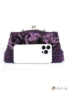 BirdinBag - Party Square Bag with Flower & Faux Pearl Decor, Kiss Lock Top Handle and Chain Purple Bag, Pearl Decor, Novelty Bags, Word Wrap, Save The Planet, Square Bag, Color Purple, Evening Bags, Top Handle