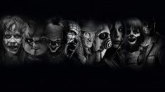 a group of scary clowns with their faces painted black and white in the dark