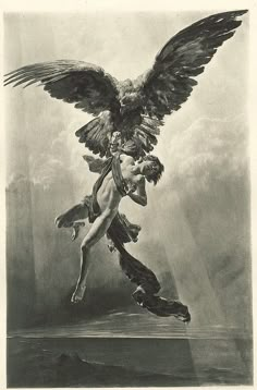 an image of a man being lifted from the sky by a bird on his back