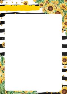 sunflowers are painted on black and white stripes with a yellow border around them